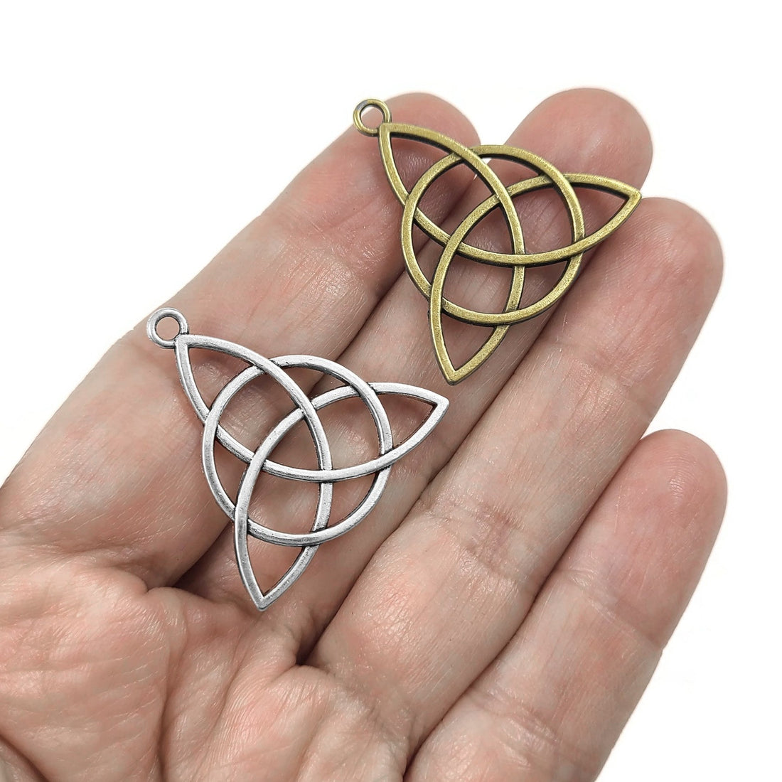 2 celtic triangle knot charms, 30mm metal pendants, Nickel free, lead free and cadmium free