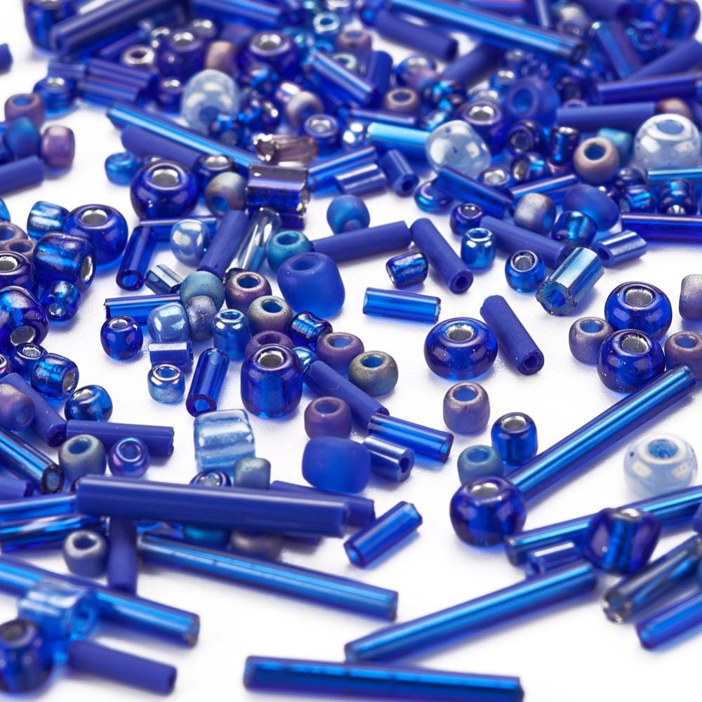 Blue glass seed bead grab bag, Mixed shapes