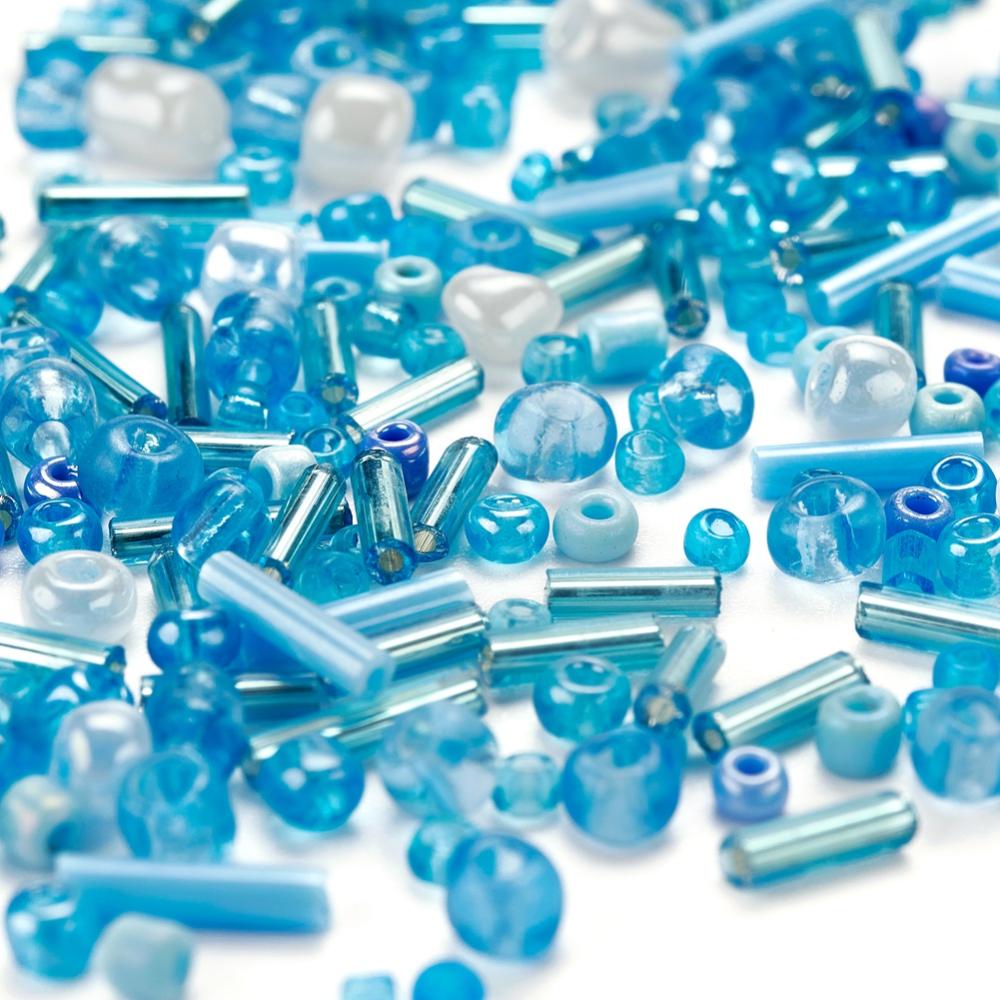 Aqua glass seed bead grab bag, Mixed shapes