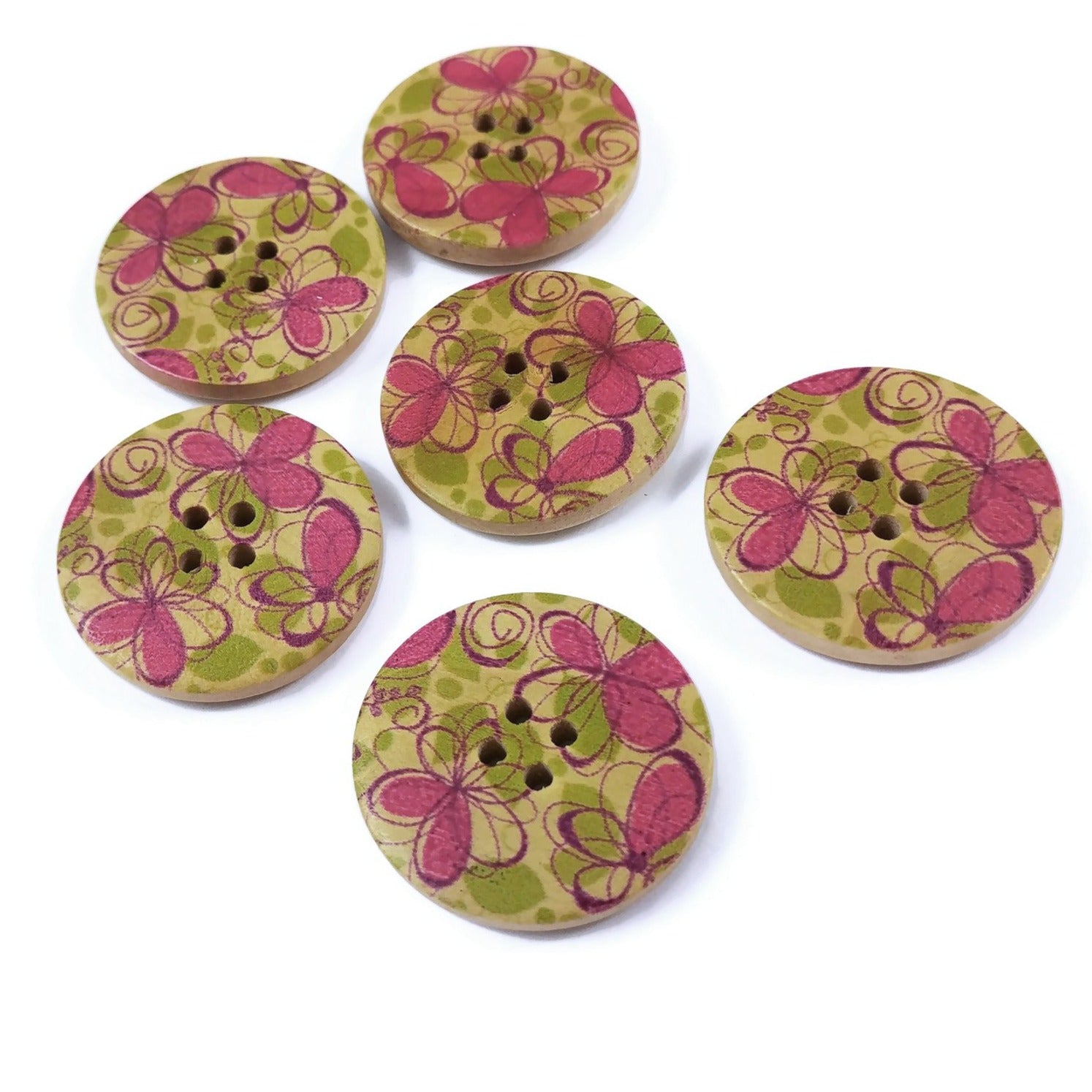 Fushia Pink and Green Flower Pattern Wood Sewing Buttons 30mm - Natural wooden button set of 6