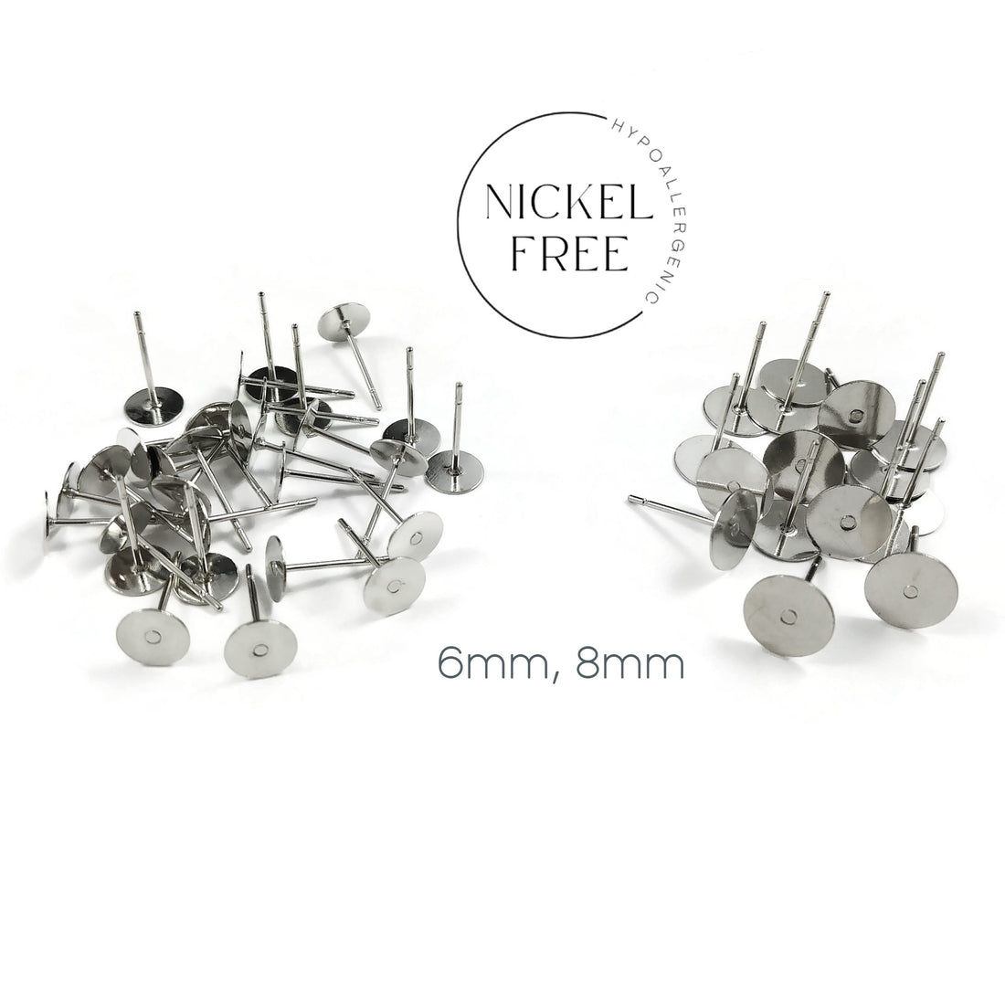 50 Earring stud posts, 6mm 8mm pad