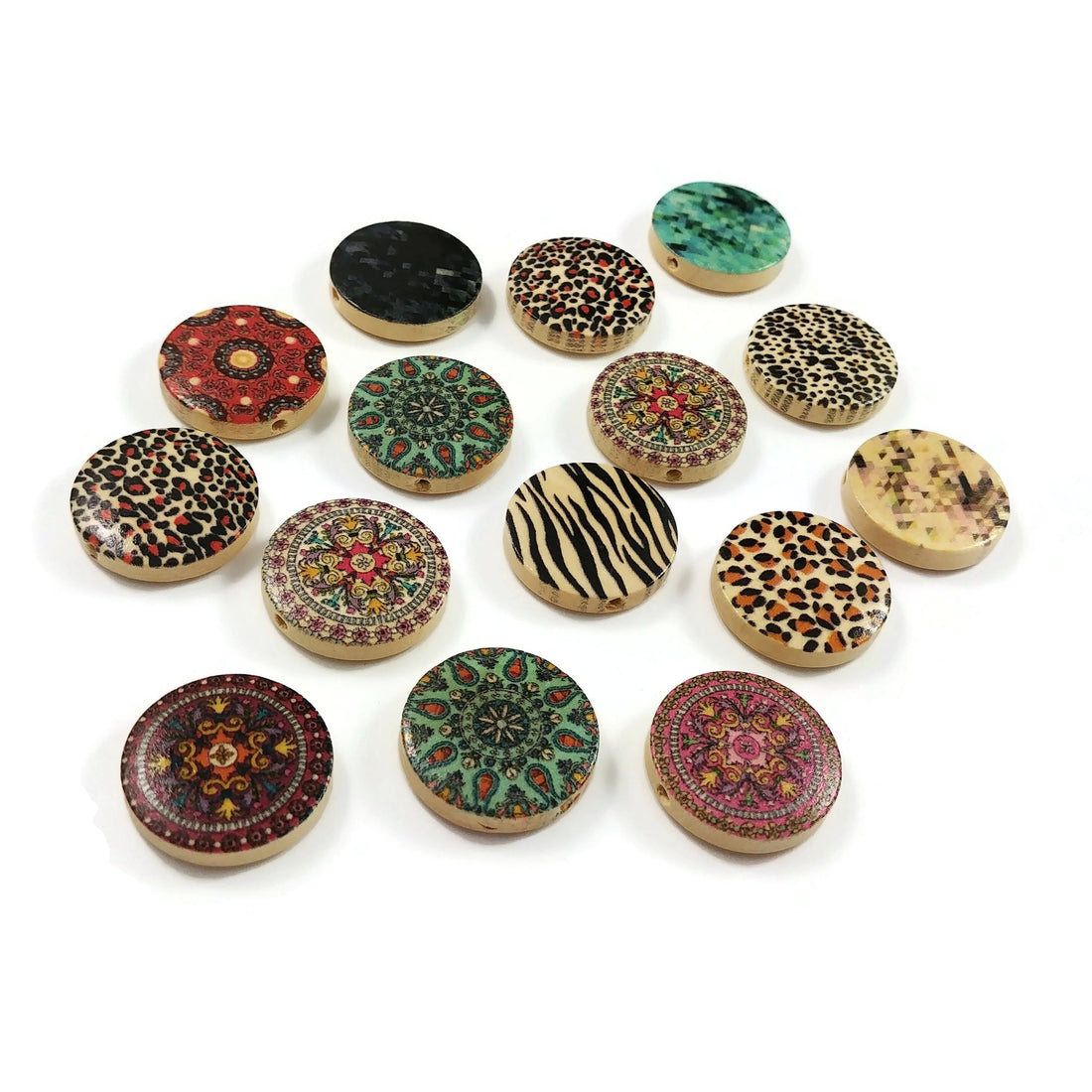 Mixed pattern wooden beads flat round 20mm - 15 pces