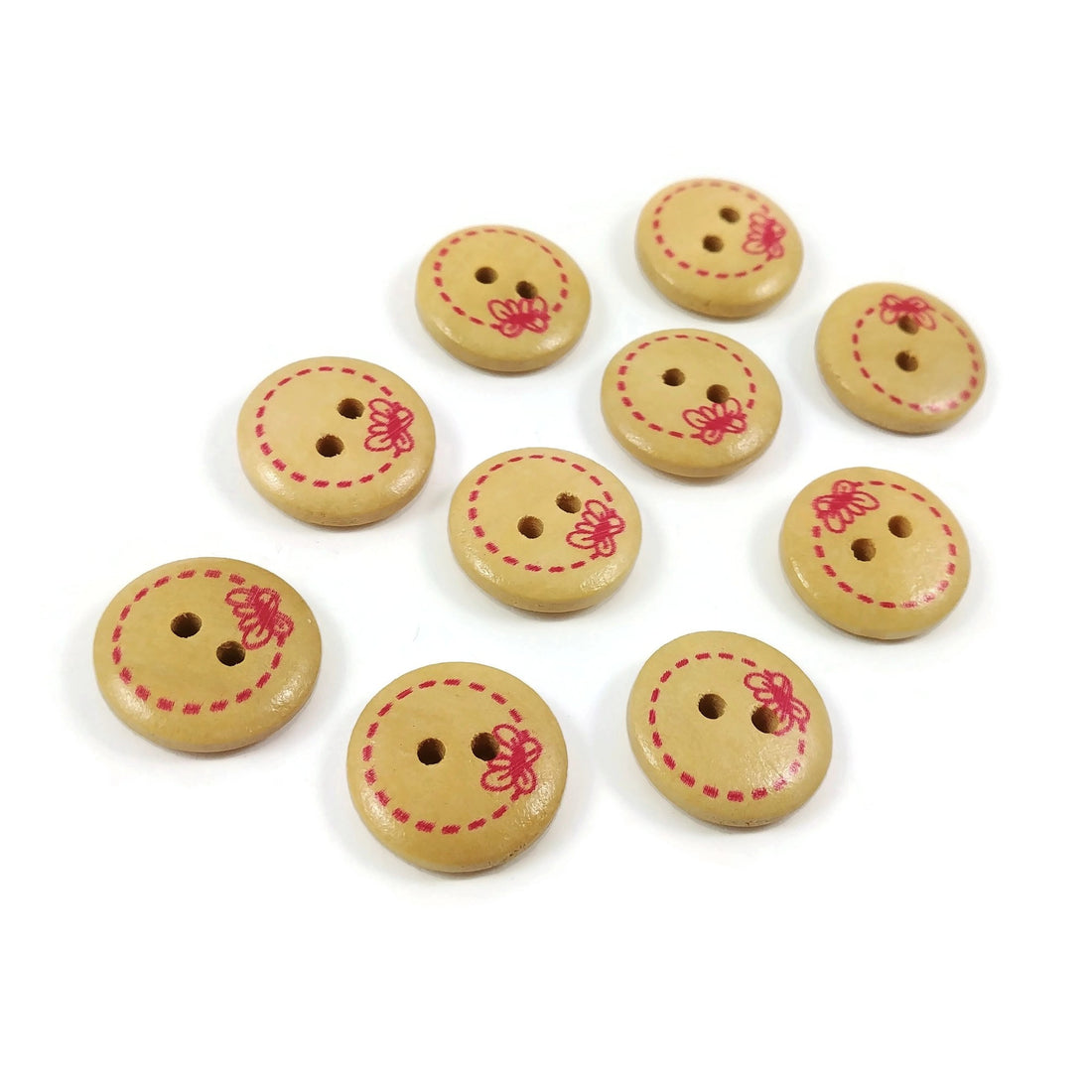 10 boutons de bois peint avec un motif de ruban rose 15mm