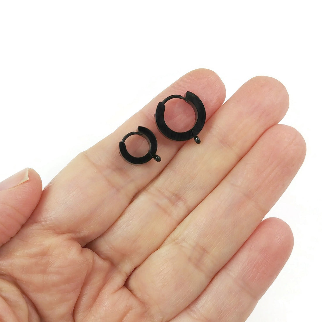 Black stainless steel huggie hoops with loop