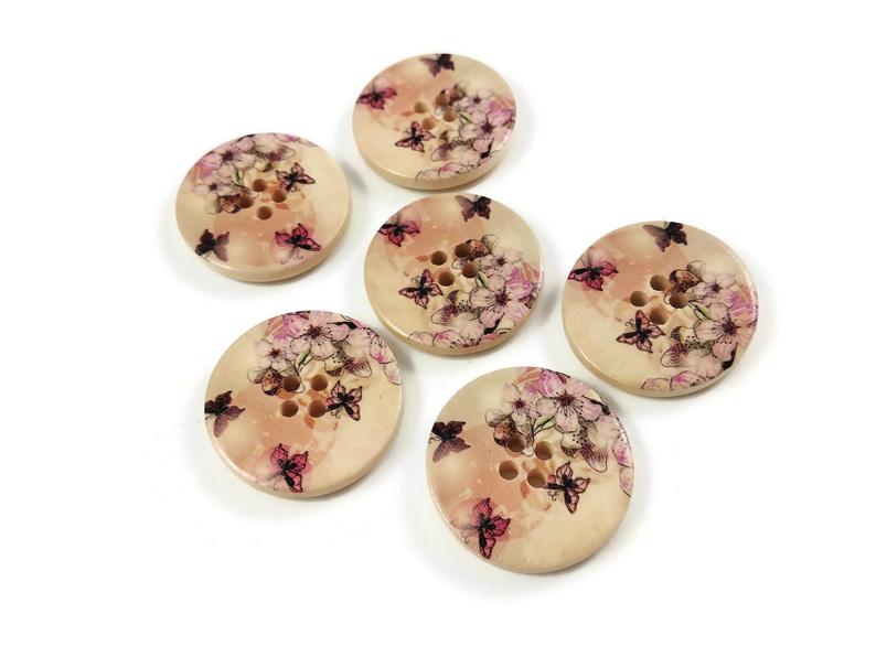 Butterfly and Flower Pattern Wooden Sewing Button 30mm - set of 6 wood buttons