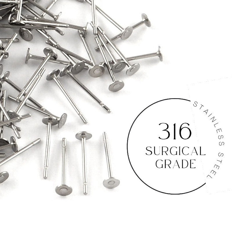 50 Surgical stainless steel earring posts, 3mm, 4mm, 5mm, 6mm