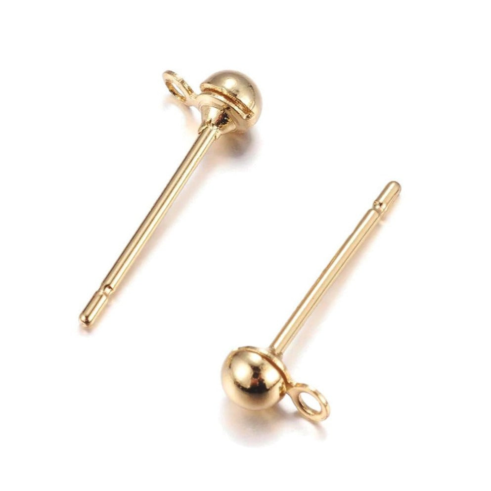 Brass earring stud posts, 3mm ball with loop, gold. Nickel free, lead free and cadmium free