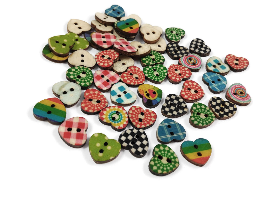 Hearts shapes 25 Mixed Colors Buttons - Wood sewing buttons 15mm