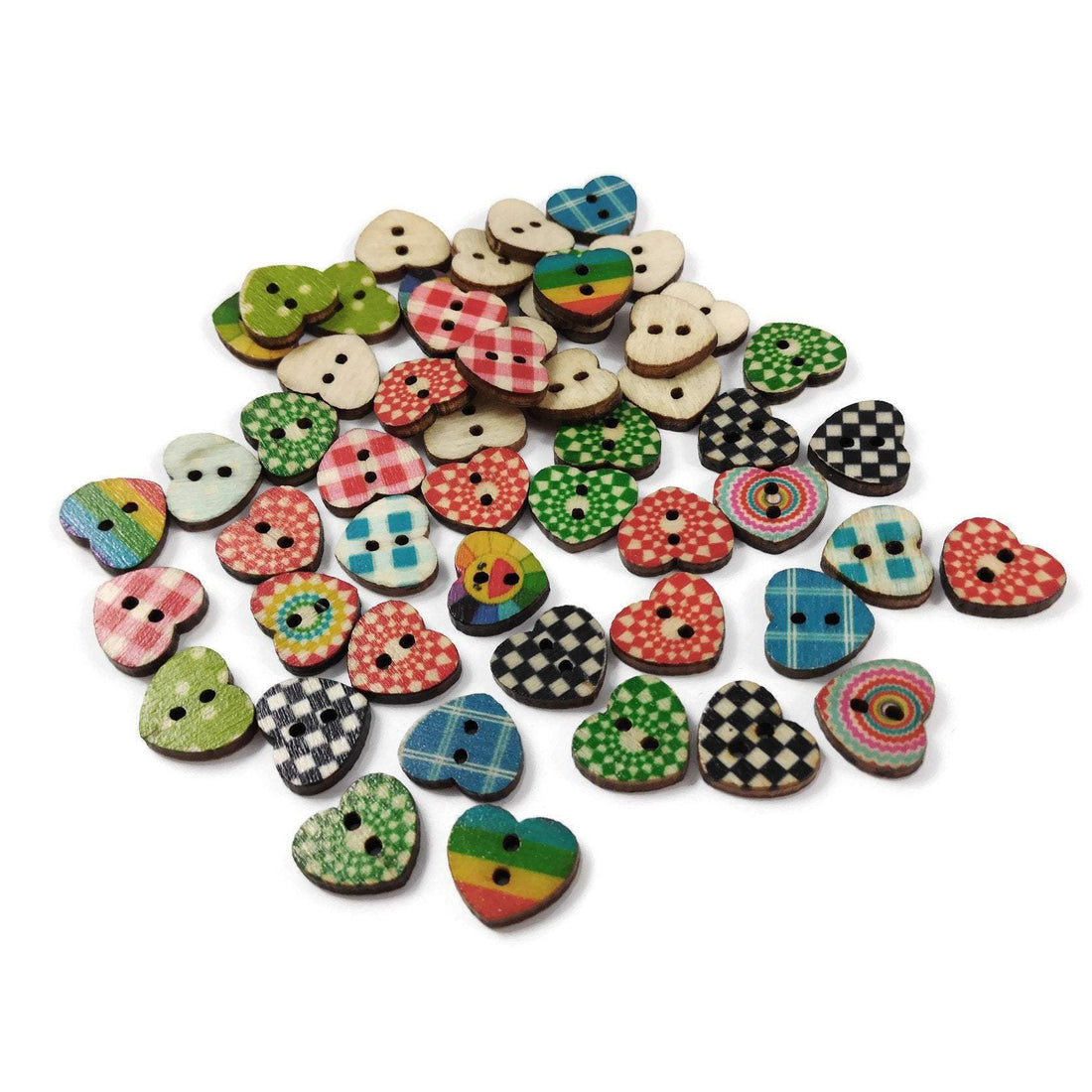 25 Boutons coeurs à motifs variés - lot de boutons en bois 15mm