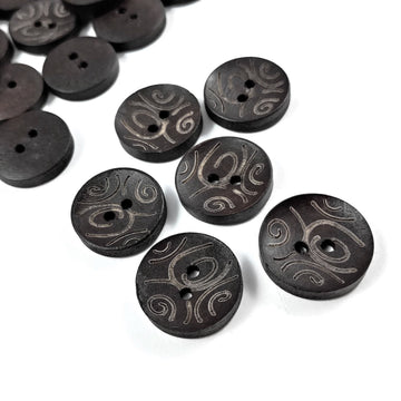 6 dark brown wooden button with tribal pattern 18mm