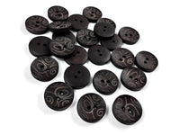 6 dark brown wooden button with tribal pattern 18mm