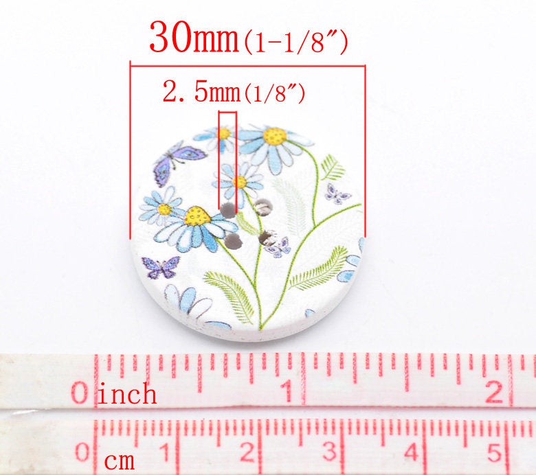 White and Flower Pattern Wooden Sewing Button 30mm - set of 6 wood buttons
