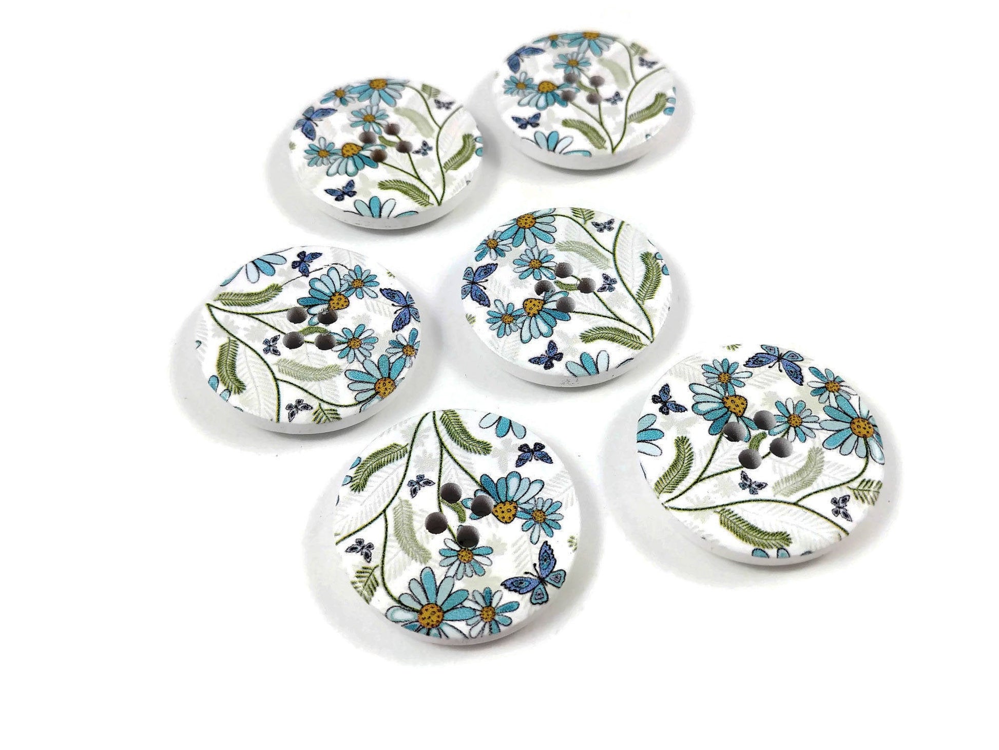 White and Flower Pattern Wooden Sewing Button 30mm - set of 6 wood buttons
