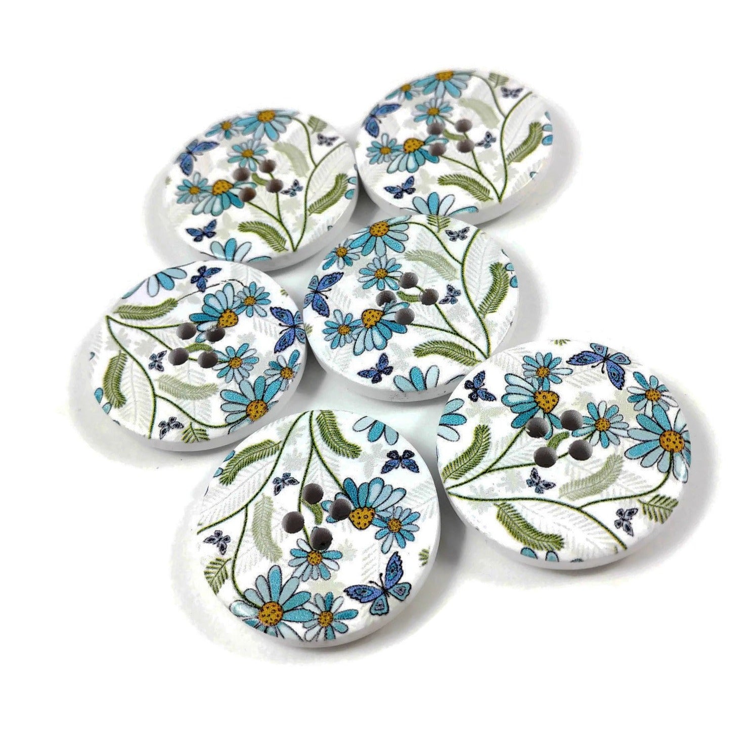 White and Flower Pattern Wooden Sewing Button 30mm - set of 6 wood buttons