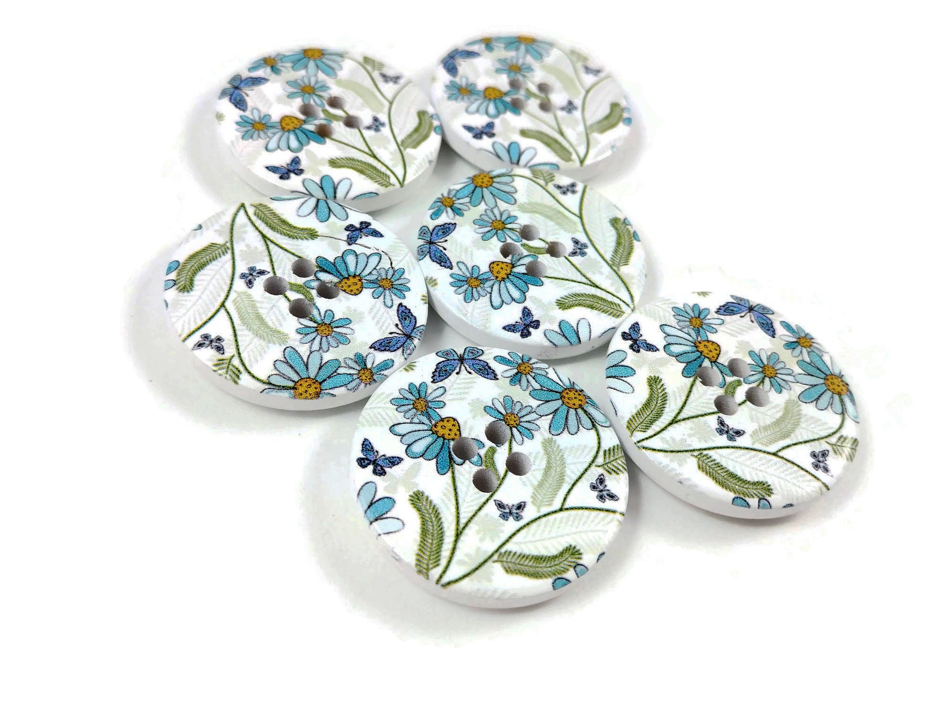 White and Flower Pattern Wooden Sewing Button 30mm - set of 6 wood buttons