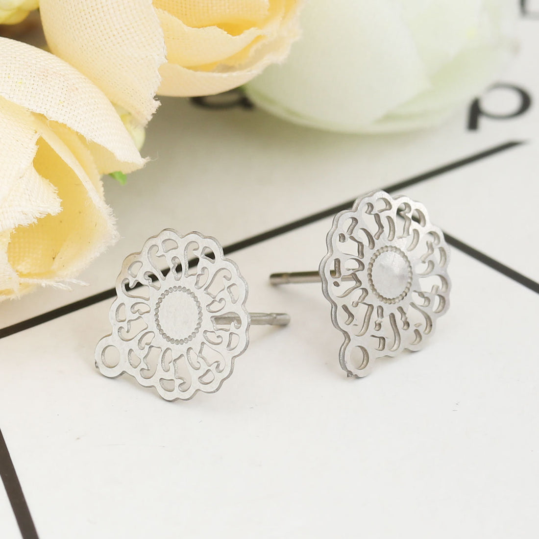 11mm flower earstuds, 5 pairs stainless steel earring studs with loop, Hypoallergenic 