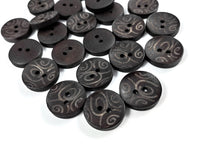 6 dark brown wooden button with tribal pattern 18mm