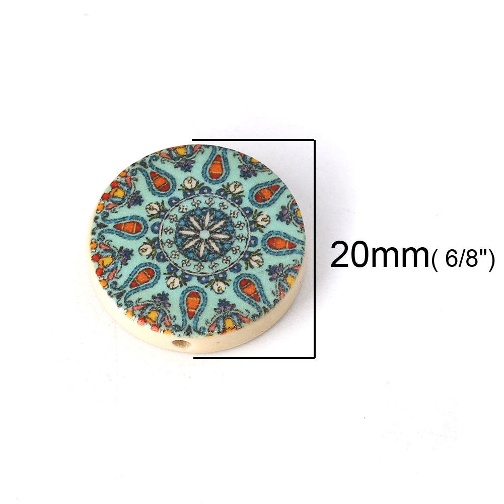 Mixed pattern wooden beads flat round 20mm - 15 pces