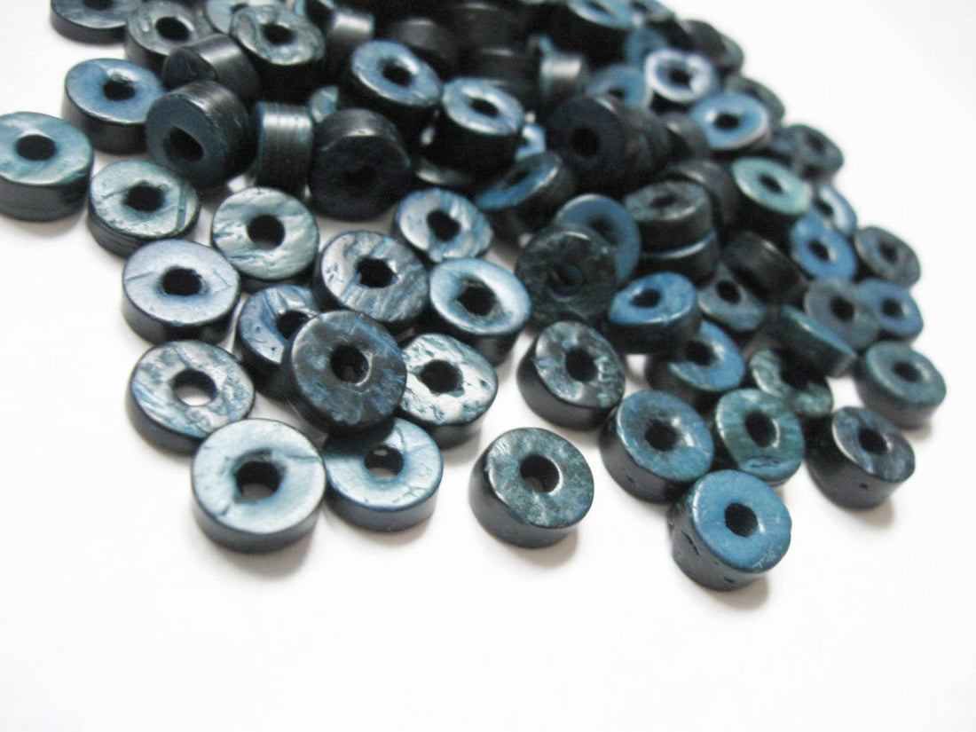 Teal Coconut Bead - 100 Eco Friendly Donuts Rondelle Disk Beads 9mm