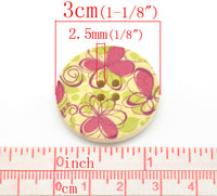 Fushia Pink and Green Flower Pattern Wood Sewing Buttons 30mm - Natural wooden button set of 6