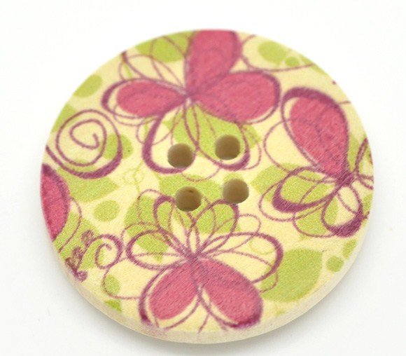 Fushia Pink and Green Flower Pattern Wood Sewing Buttons 30mm - Natural wooden button set of 6