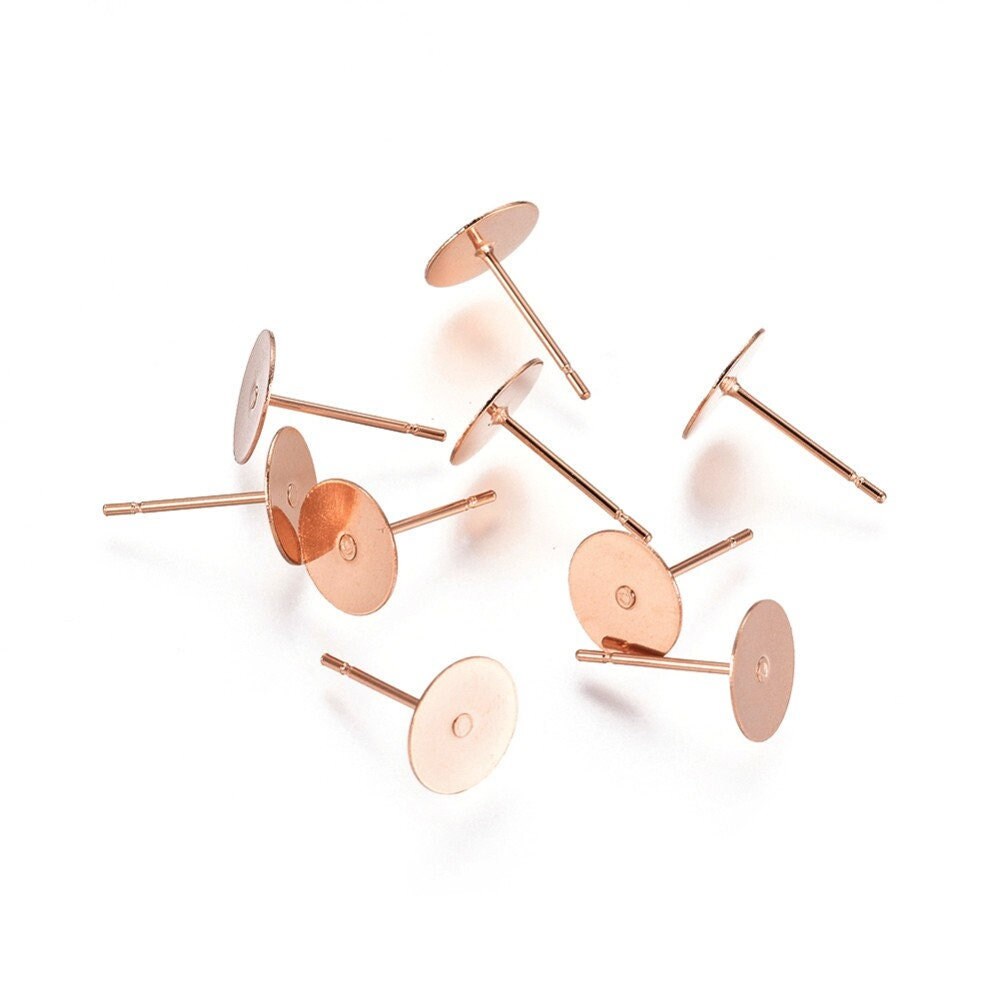 40pcs Rose Gold Stud Earring Findings with Ear Nuts Flat Round Stainless Steel Earrings with Loop Stud Earring with Flat Plate for Earring Jewelry