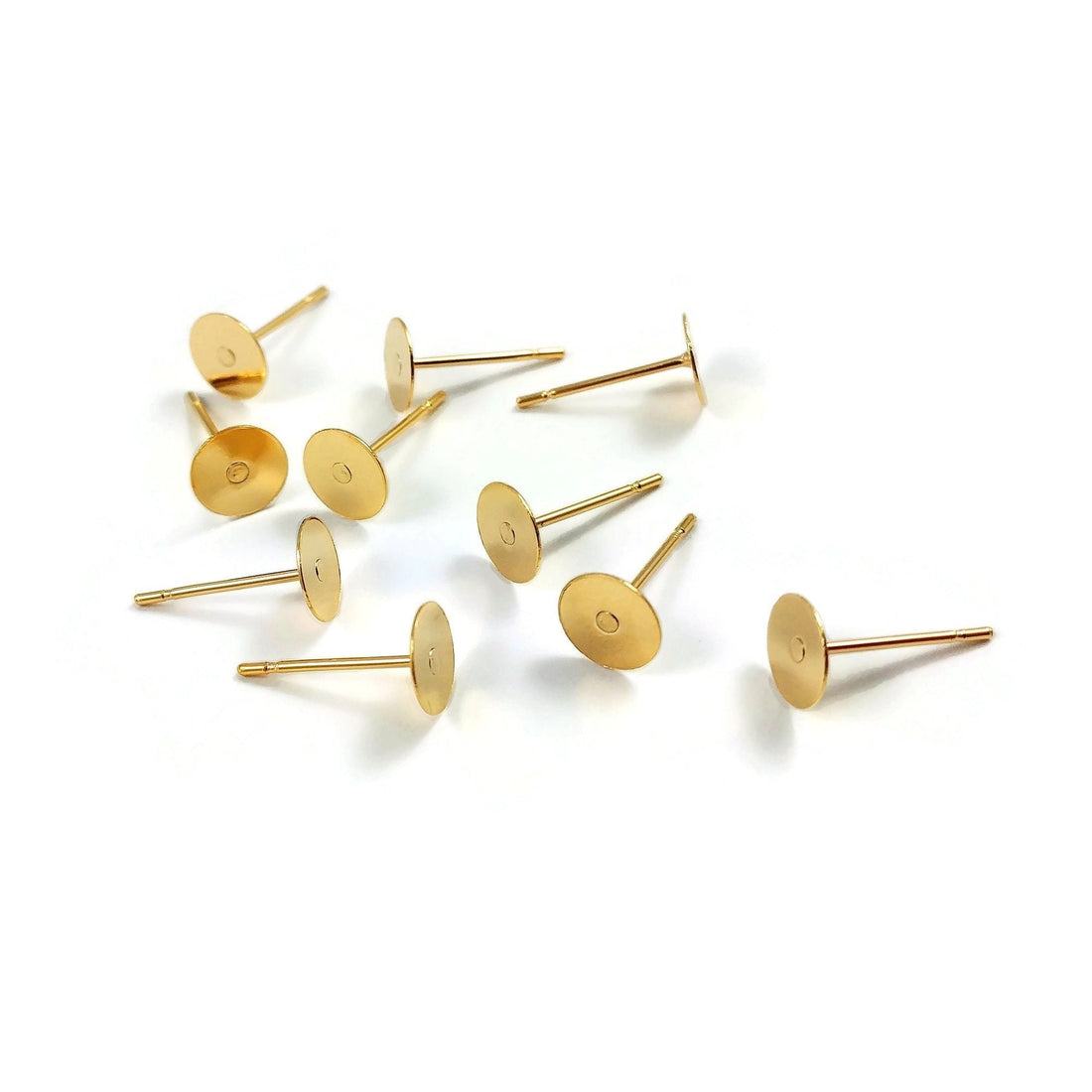 24K gold plated earring post, 6mm stainless steel flat pad studs, 50pcs (25 pairs) blank parts for jewelry making