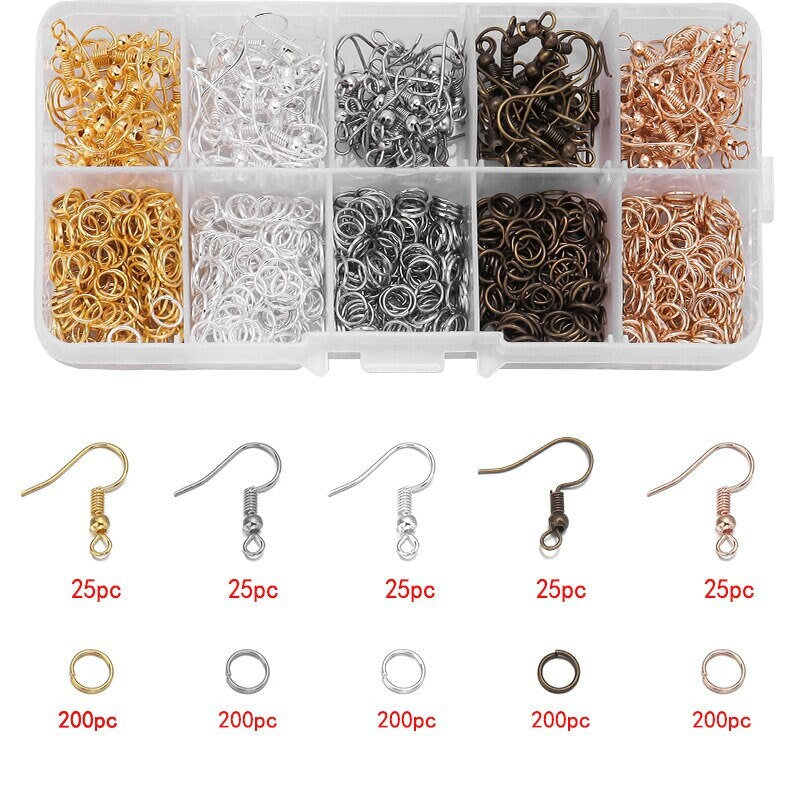 Earring making starter kit, Hooks and jump rings 1125pcs, Hypoallergenic nickel free jewelry findings