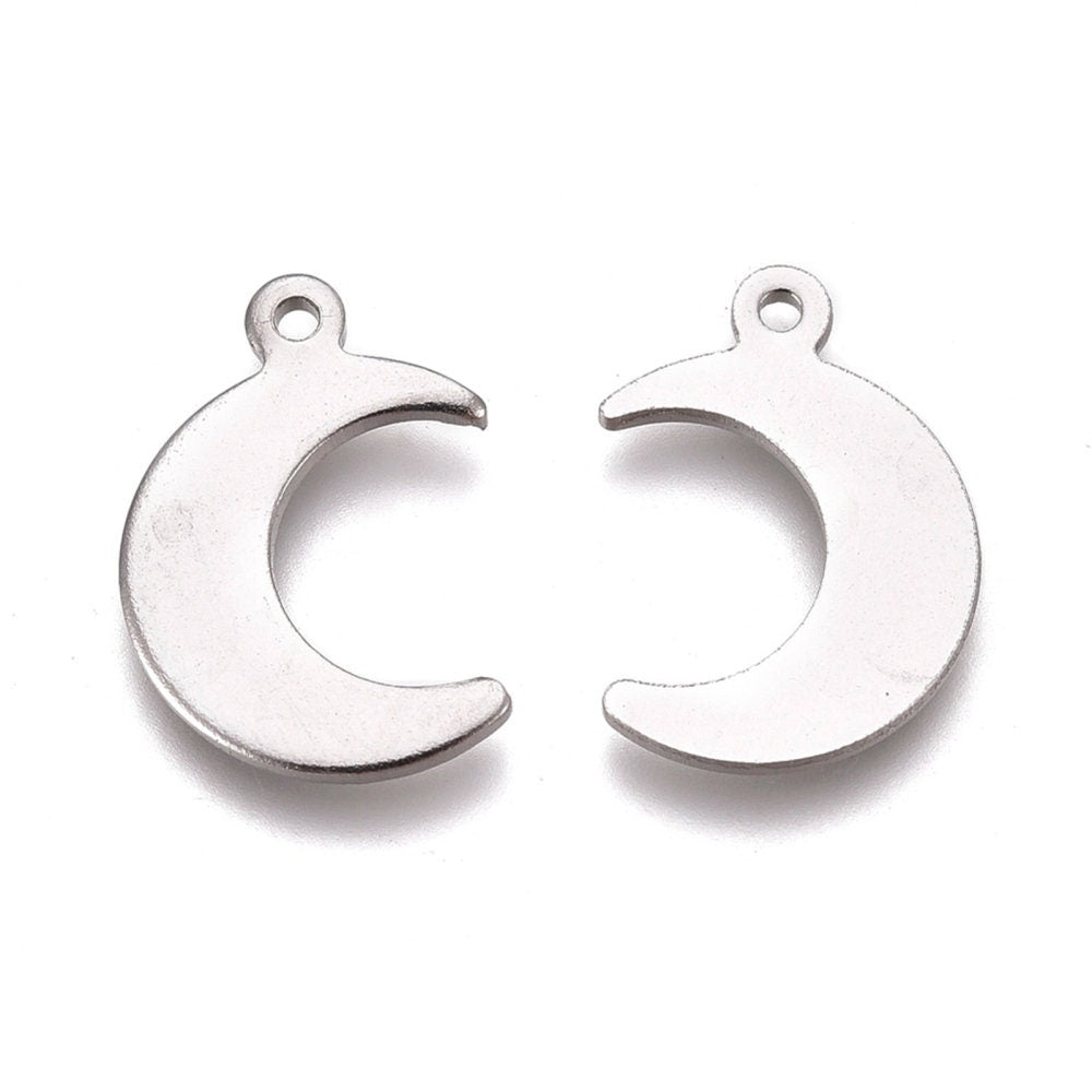 10 silver moon charms, Small stainless steel charms, Crescent moon pendants for jewelry making