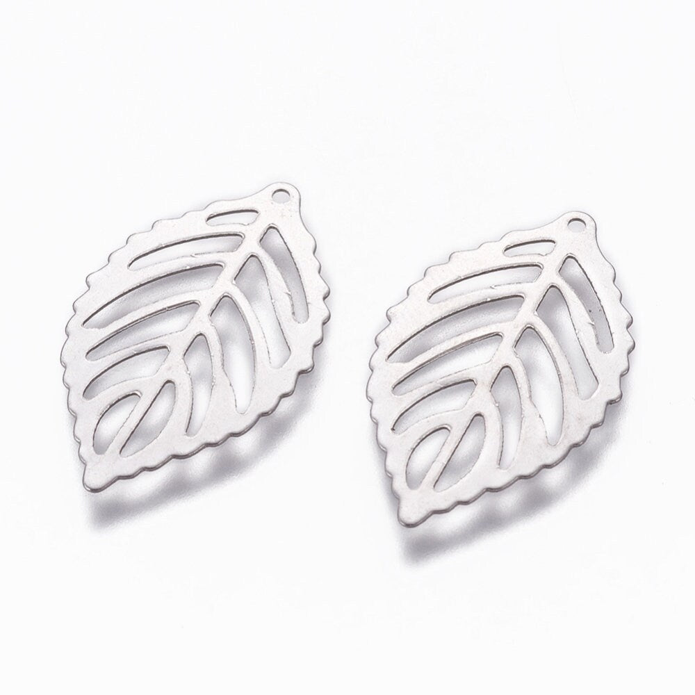 10 silver leaf charms, Small stainless steel charms, Leaf pendants for jewelry making