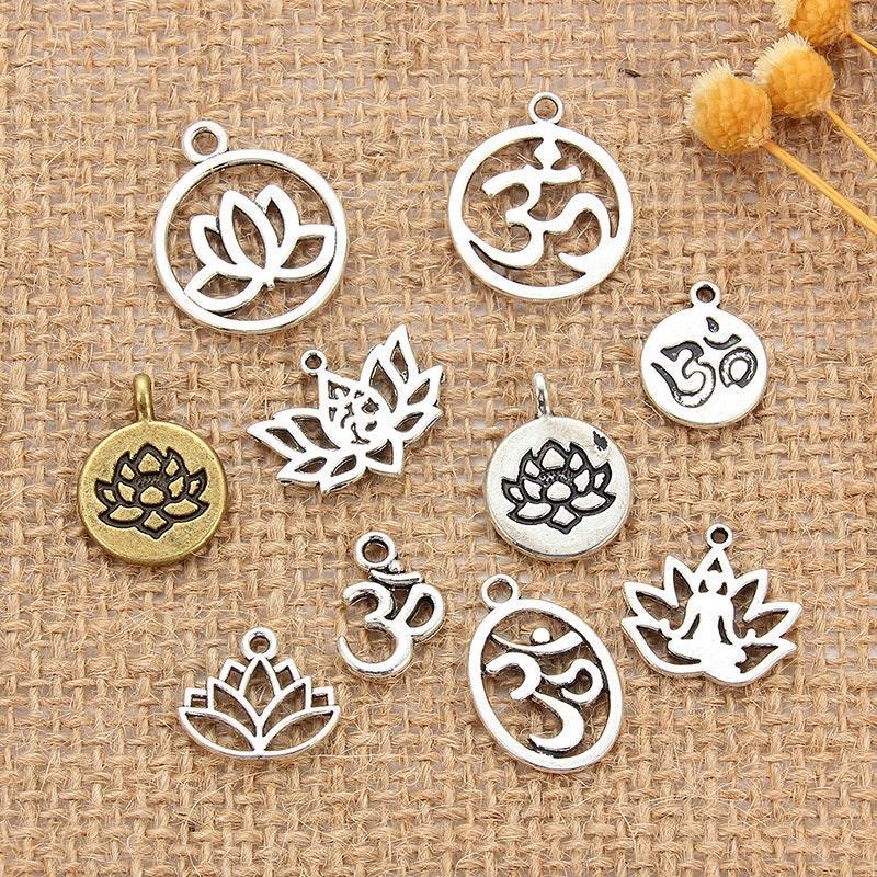 10 zen assorted charms, Nickel free metal pendants, Yoga, lotus, chakra mixed shapes for jewelry making