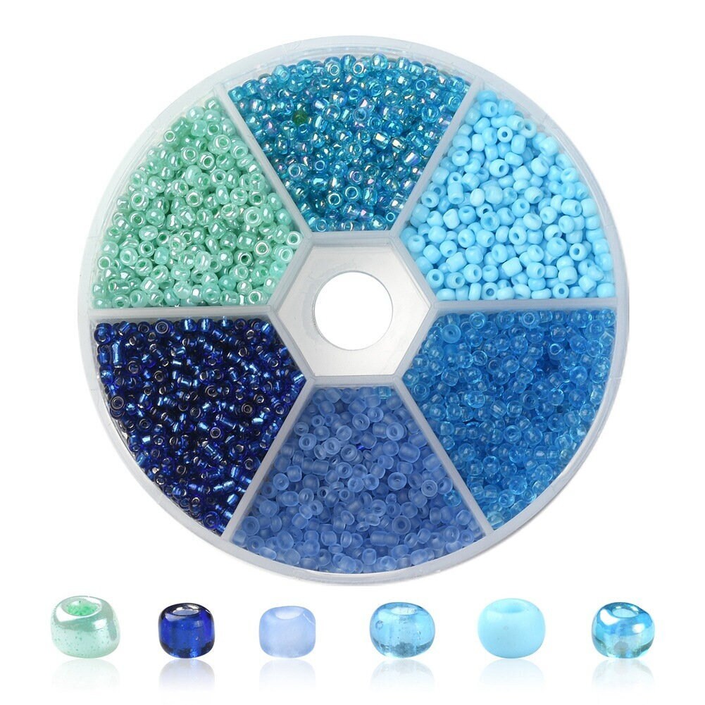 Glass seed beads kit, Assorted blue, 2mm 3mm 4mm, Jewelry making set