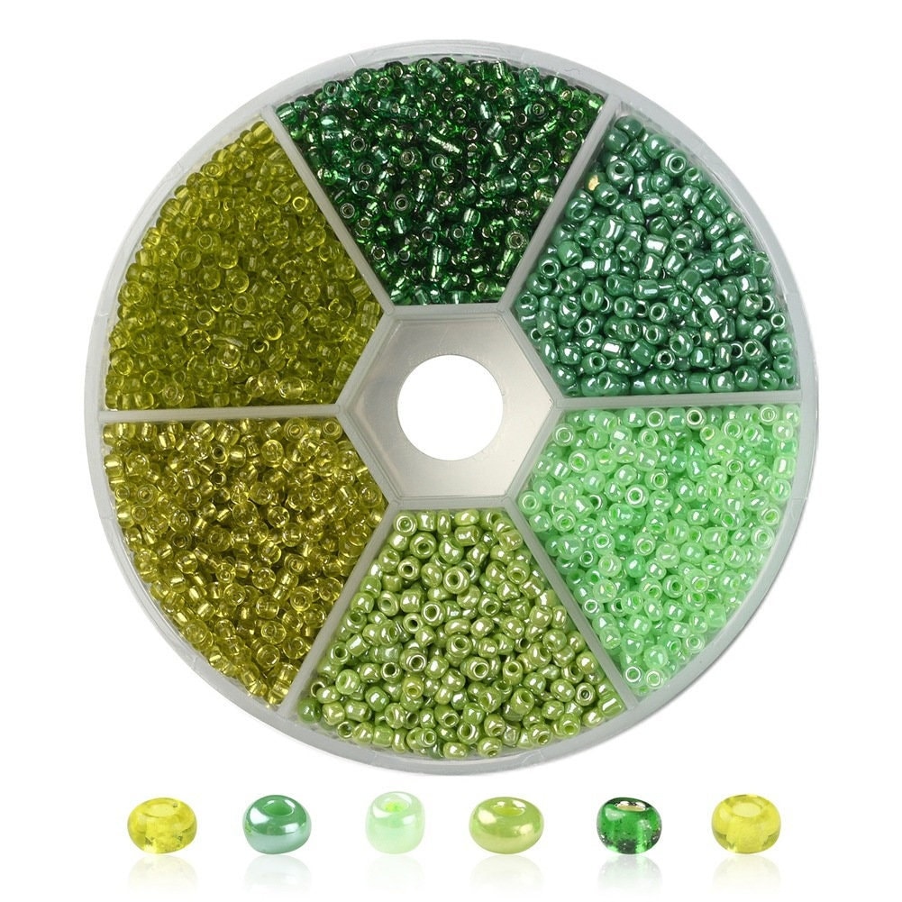 Glass seed beads kit, Assorted green, 2mm 3mm 4mm, Jewelry making set