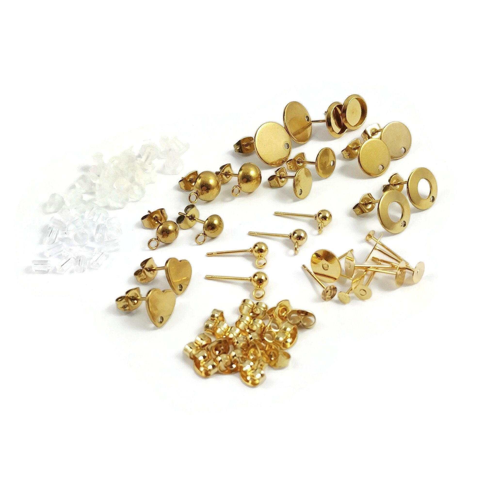 Earring making starter kit, Gold stainless steel posts, 50pcs sample p