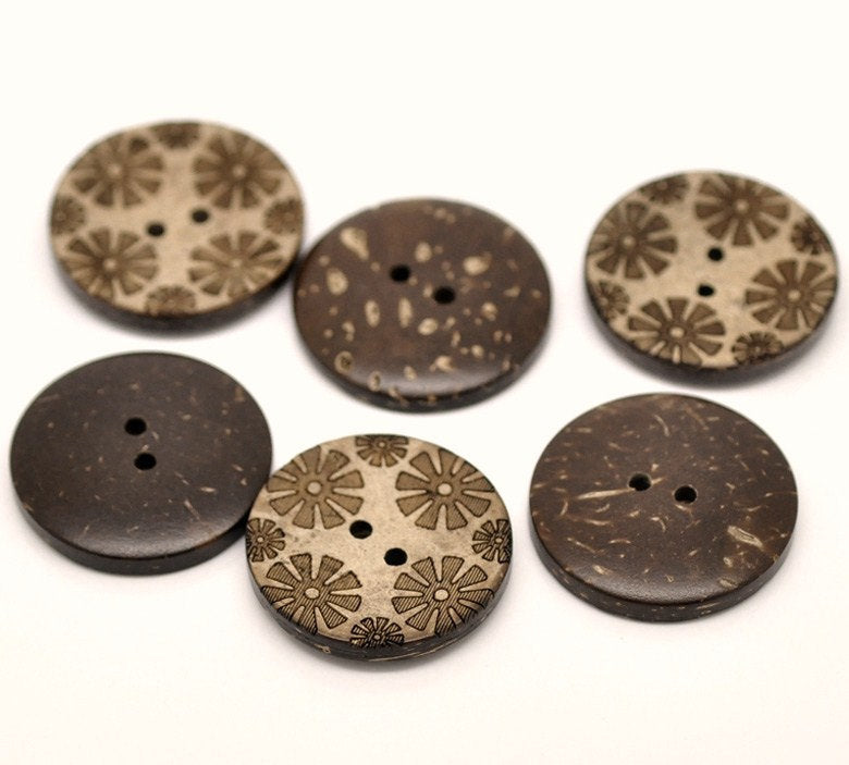 6 Brown flower pattern Coconut Shell Buttons 28mm - Natural and Eco Friendly round sewing button