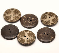 6 Brown flower pattern Coconut Shell Buttons 28mm - Natural and Eco Friendly round sewing button