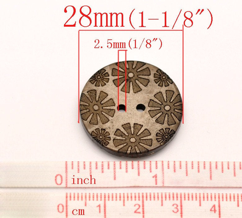 6 Brown flower pattern Coconut Shell Buttons 28mm - Natural and Eco Friendly round sewing button