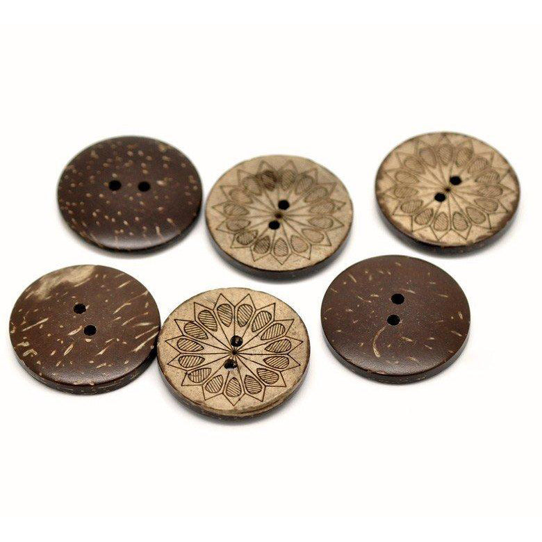 6 Boutons en bois de coco 28mm - motif de tournesol