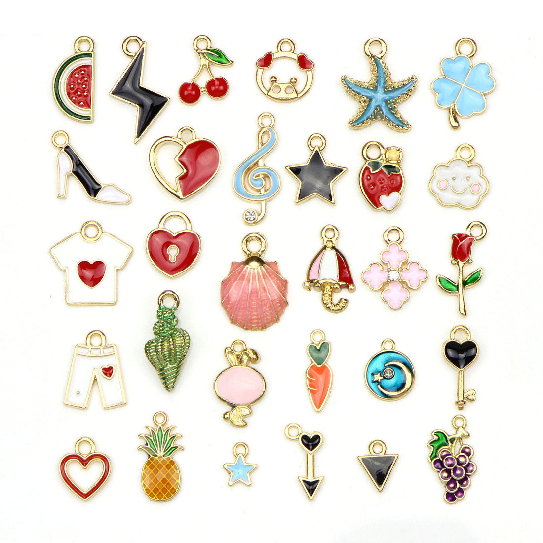 30 fun assorted enamel charms, Nickel free metal pendants, Cute mixed shapes for jewelry making