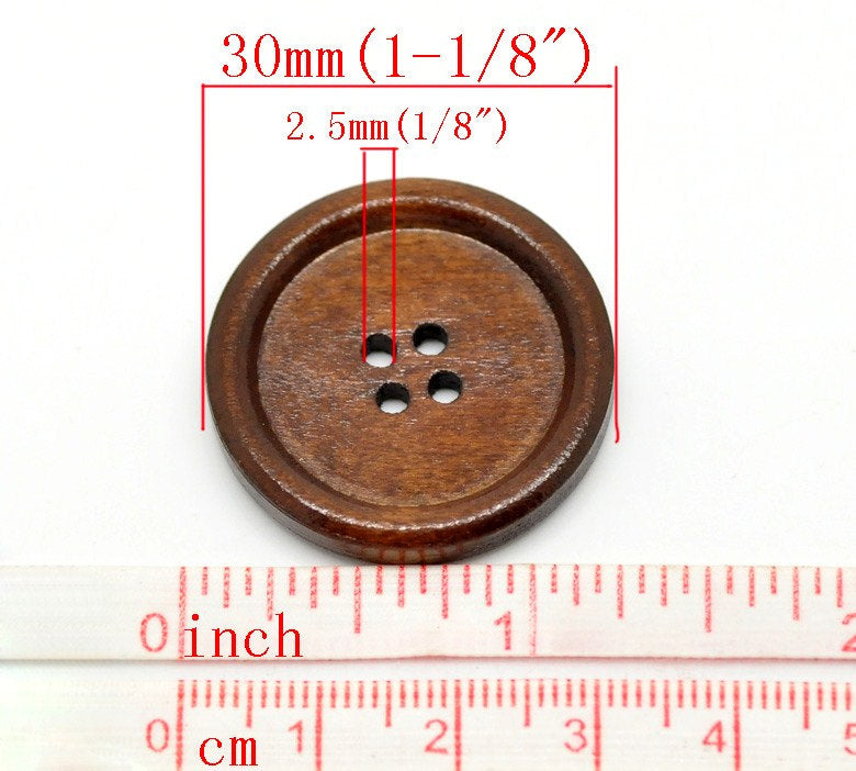 Maroon brown Wooden Sewing Buttons 30mm - set of 6 natural wood button