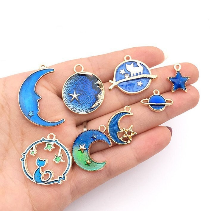 8 celestial assorted enamel charms, Nickel free metal pendants, Cute mixed shapes for jewelry making