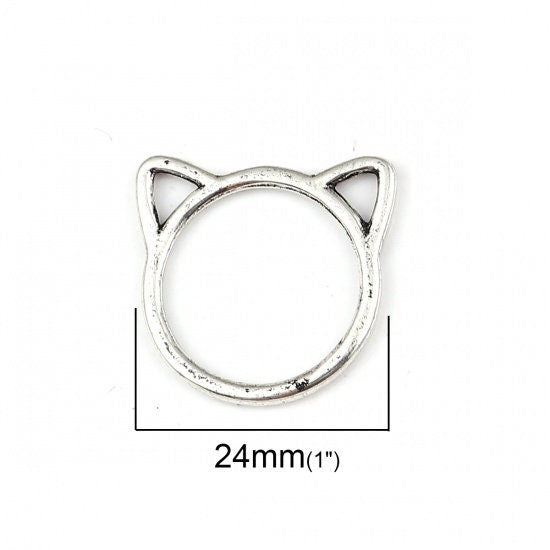 5 cute cat charms, 24mm silver metal pendants, Connector for jewelry making