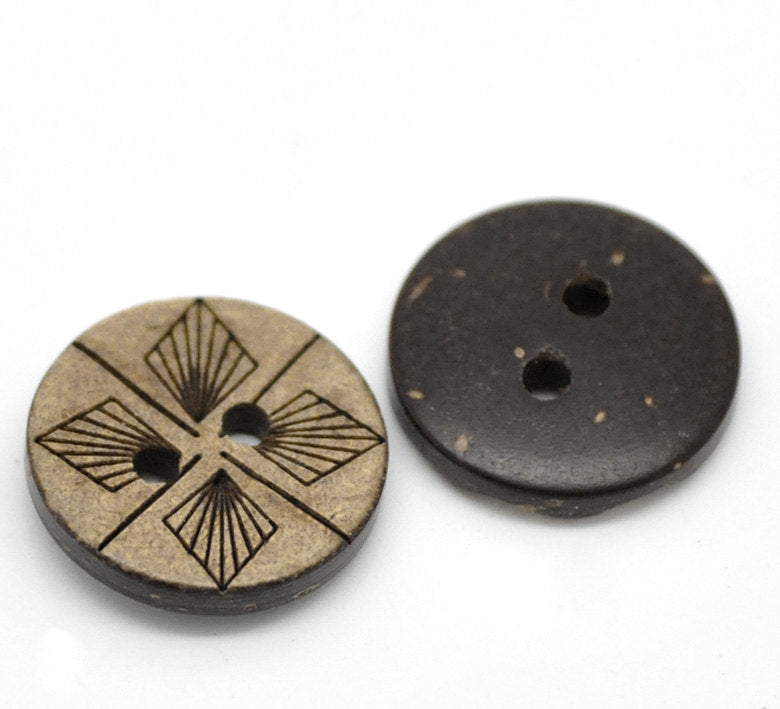 10 Brown Coconut Shell Buttons 15mm -  Geometric