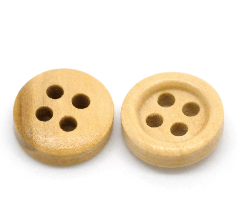 Mini Bouton de bois à 4 trous en bois naturel de 11mm - ensemble de 36