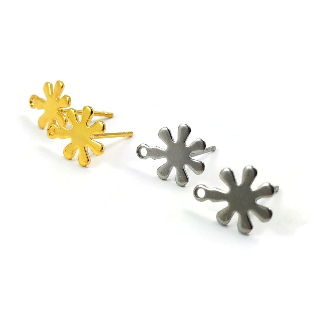 9mm flower ear studs with loop, Stainless steel earring posts, Hypoallergenic gold or silver jewelry findings