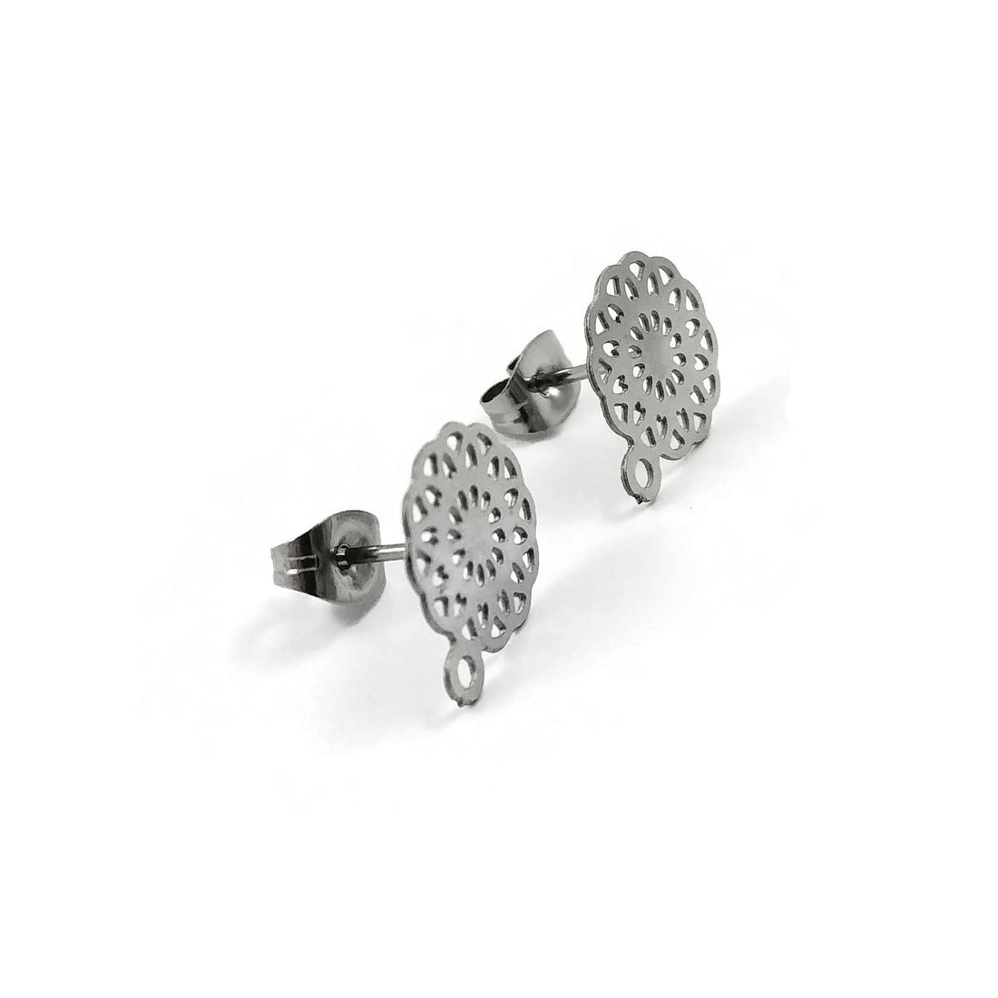 Filigree flower earring posts, 5 pairs stainless steel studs with loop, Hypoallergenic jewelry findings