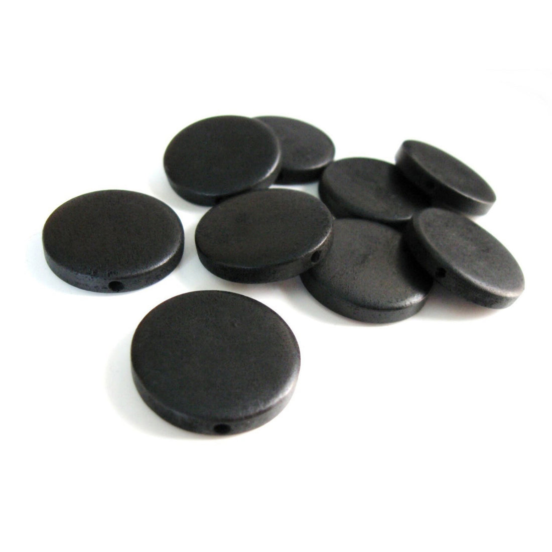 6 black flat round coin wooden beads