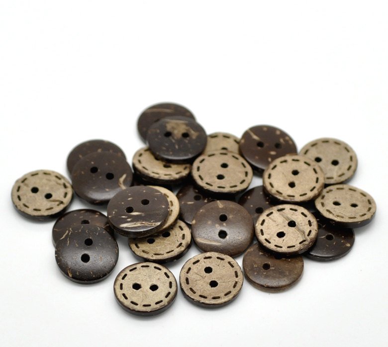 10 Brown Coconut Shell Buttons 15mm - HandStitch Pattern