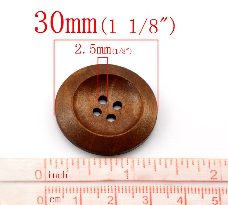 Red brown Wooden Sewing Buttons 30mm - set of 6 natural wood button