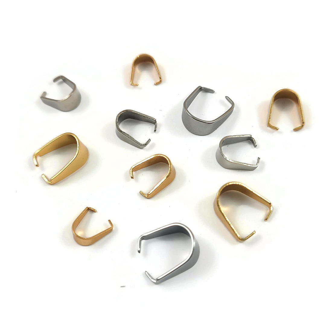 Stainless steel pinch bails, Pendant clip on clasps, Gold, Silver, Tarnish free jewelry findings